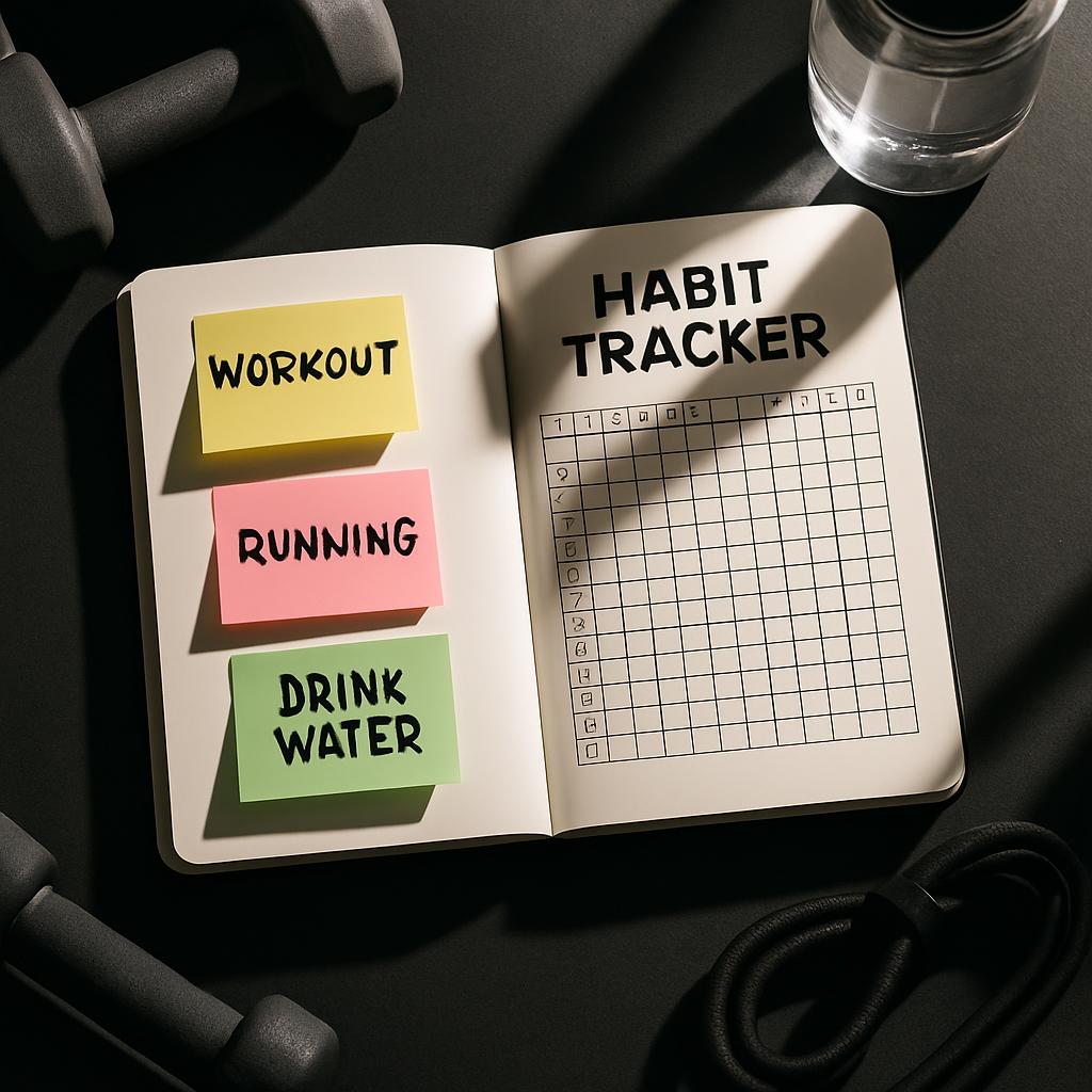 image of habit tracker book with post-it notes, dumbbells.]): a fitness-themed scene featuring a habit tracker book with p...